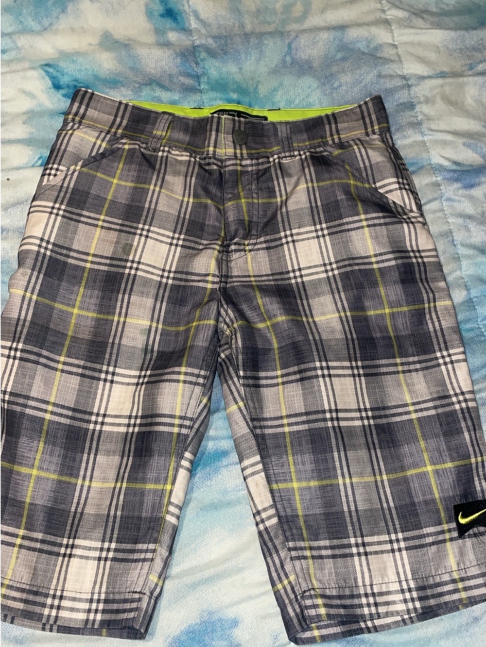 Nike Gray Plaid Board Shorts with Lime Accent